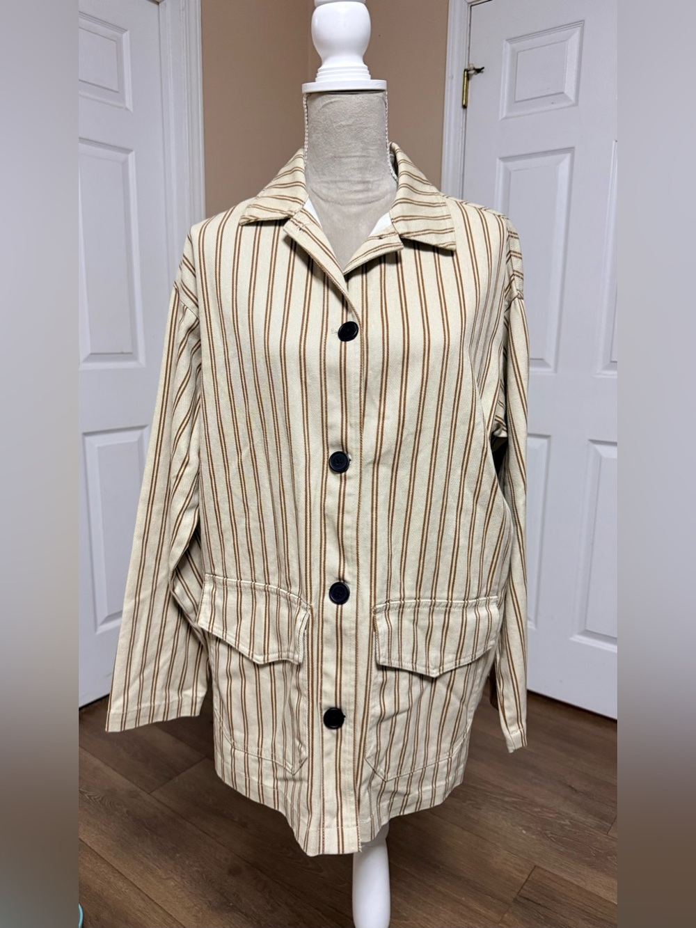 Women’s Asos Beige Striped Super oversized denim longer length jacket Size 2